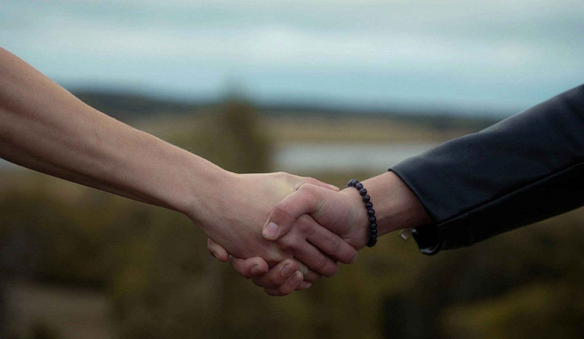 Two people shake hands in a symbolic gesture.